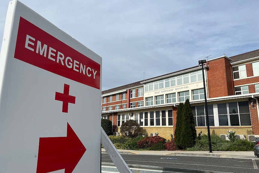 白色指示牌上画着红十字与红色箭头，写有英文急诊部字样。