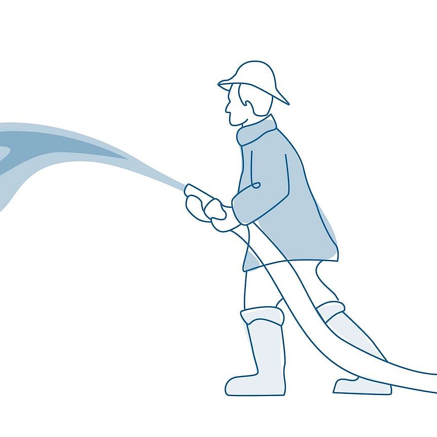 Line drawing of firefighter holding hose, that is spurting water.