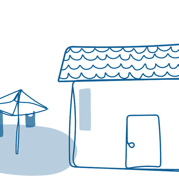 An illustration of a house with a Hill's Hoist washing line beside it.