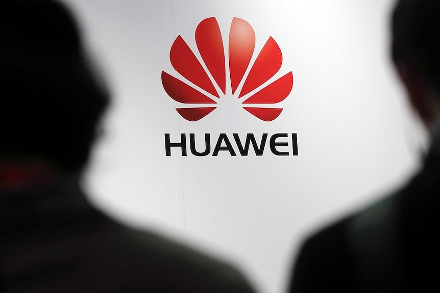 A generic of a Huawei's logo with the silhouettes of two people in the foreground.