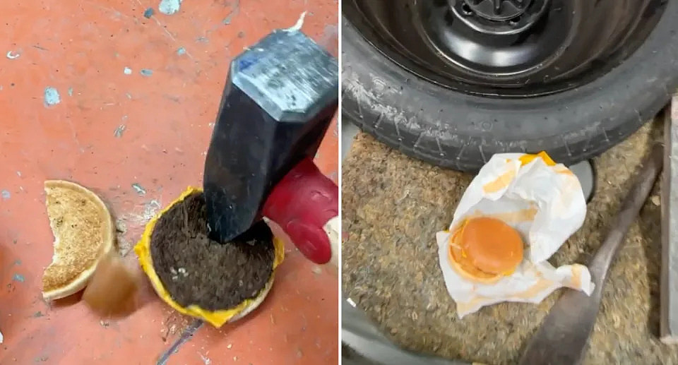 Two photos from the TikTok next to each other. The photo on the left shows a sledgehammer hitting the cheeseburger. The photo on the right shows the whole cheeseburger next to a tire.