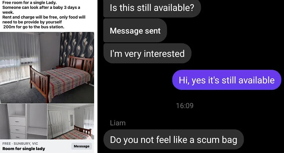 Facebook ad for room for rent; Text message exchange between landlord and Facebook user