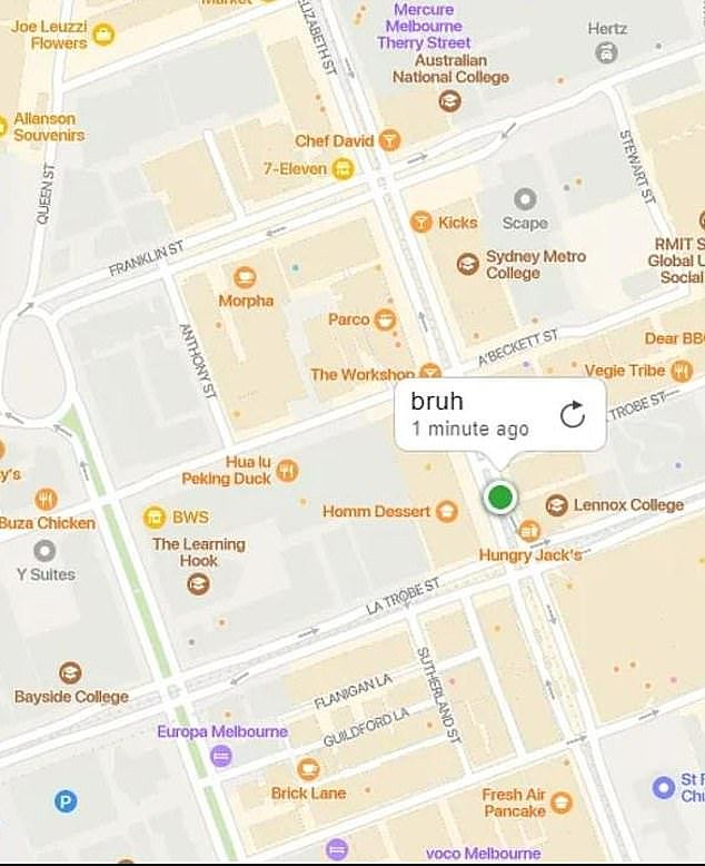 Using Apple’s Find My iPhone feature the university student tracked her phone - which she nicknamed 'Bruh' - to Melbourne's CBD