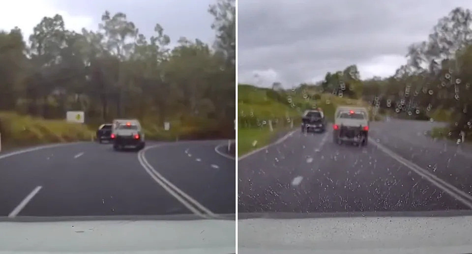 Two photos side by side. Both images show a driver of a white ute increasing speed as another vehicle tries to overtake them on a winding road.