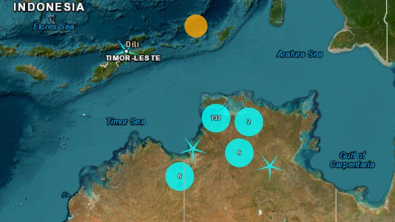 The earthquake (in orange) was reported to have been felt in a number of towns in the Northern Territory. Picture: Geoscience Australia
