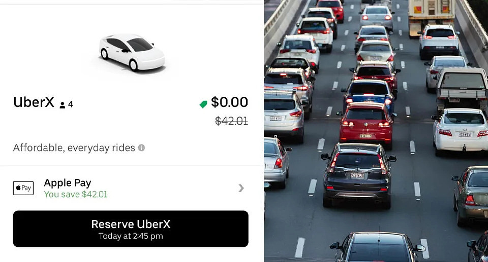 Uber app promotion (left) cars in traffic on Sydney road (right)
