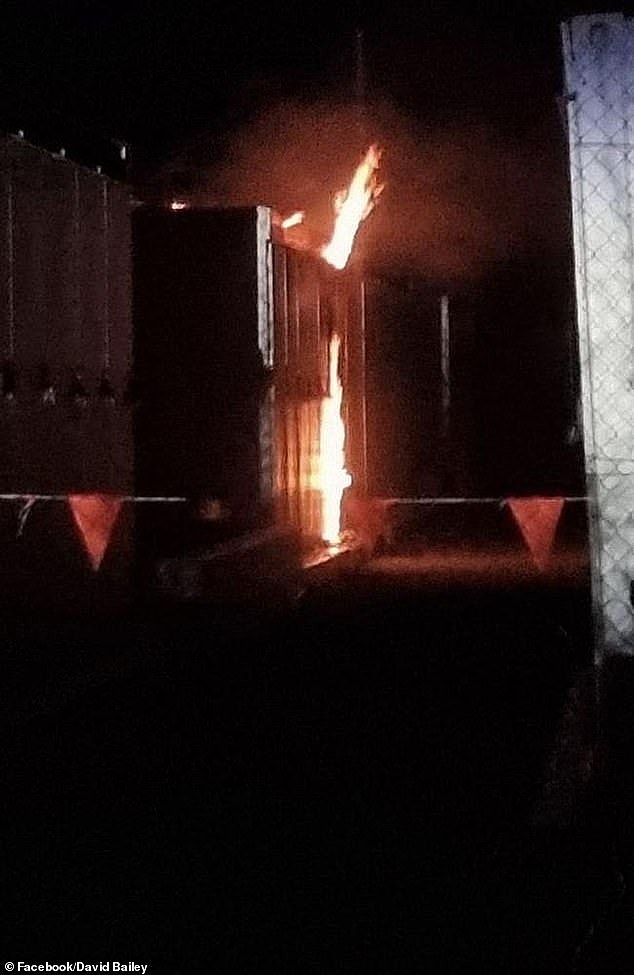 Emergency crews  rushed to a battery storage facility in Bouldercombe, south of Rockhamption on Tuesday night after a battery went up in flames  (pictured)