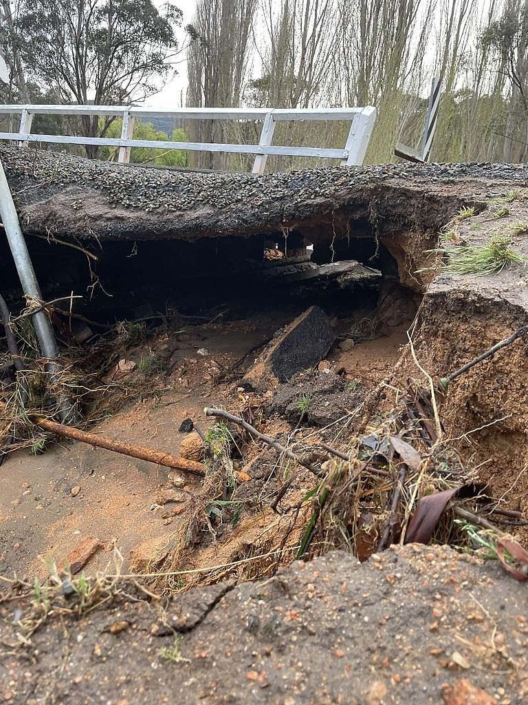 Road damage in East Gippsland where floodwaters have overwhelmed the bridge at the Blue Duck (Anglers Rest). Picture: Facebook