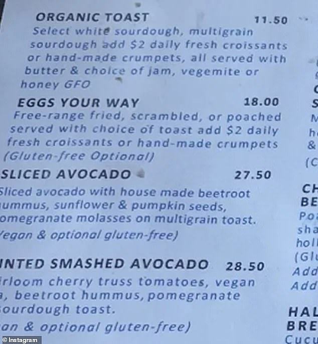 The Glass Den café in Melbourne has come under fire over its prices, with one diner pointing out that they charge $27.50 for sliced avocado on toast