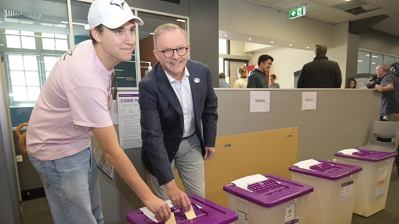 Anthony Albanese casts his vote for the Voice at Marrickville Town Hall with his son Nathan. Picture: NCA NewsWire / Jeremy Piper