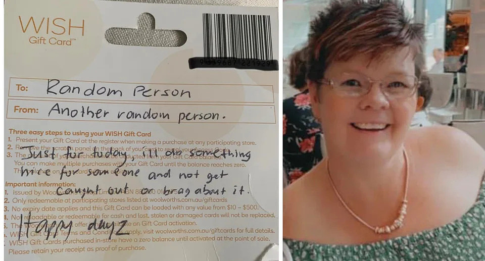 Note from stranger on a Woolworths WISH Gift Card; Woman smiling