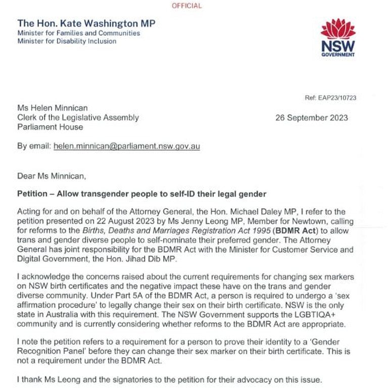 Letter from Kate Washington regarding a petition to allow transgender people to self-ID their legal gender.
