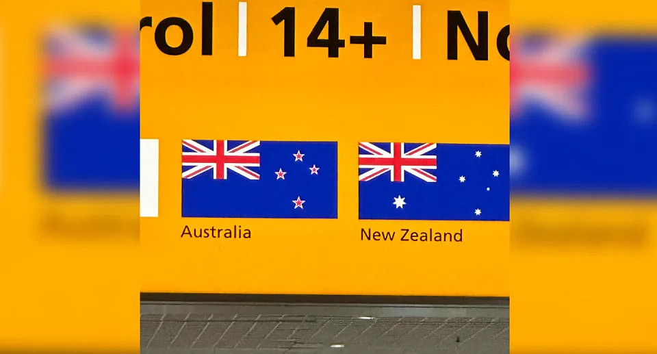 The flag blunder on the yellow screen with New Zealand flag appearing on the left under Australia, with the Australian flag beside it to the right labelled as new Zealand. 