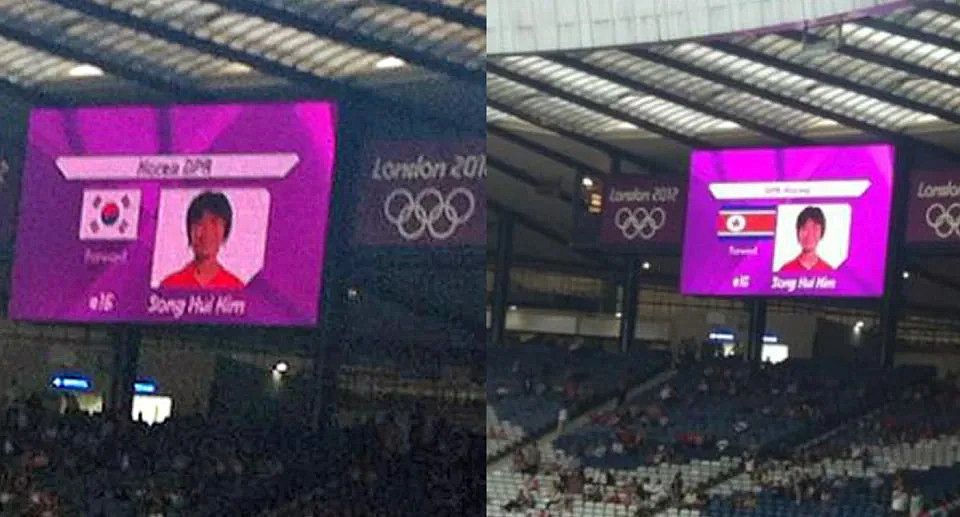The same player has the South Korean flag beside her on the screen (left) before the exact same image was later corrected to include the North Korean flag. 