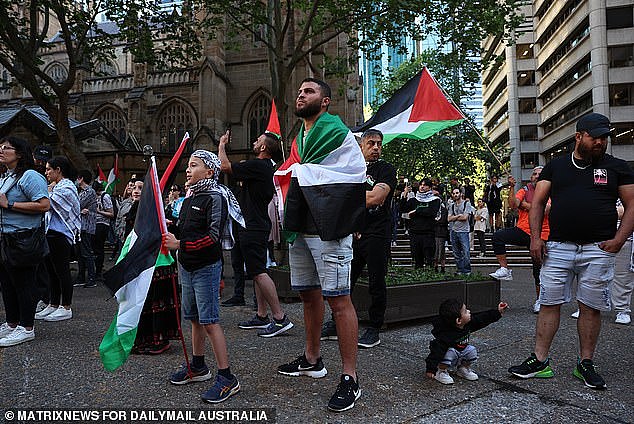 Demonstrators plan to move from the Town Hall to the Sydney Opera House at 7pm in protest of the landmark being lit up in white and blue, the colours of the Israel flag