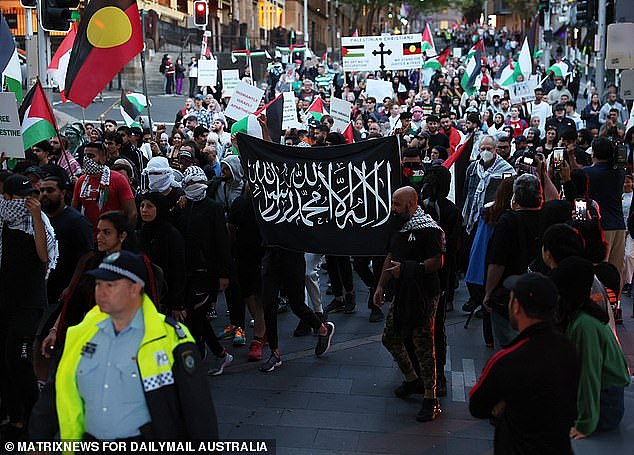 The protesters marched from Town Hall to the Sydney Opera House, chanting 'Free Palestine'