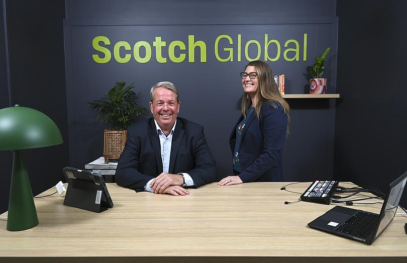 Scotch College’s Cara Fugill and Michael Valentine in the new ‘scotch global’ studio which will be used to deliver online learning to kids in remote areas. 