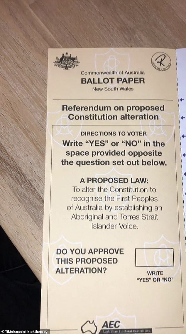 Voters eligible to vote in the referendum need to indicate if they approve of the constitutional change by writing Yes or No in the ballot paper (pictured) with the AEC only counting votes that clearly indicate a response to the proposed referendum question
