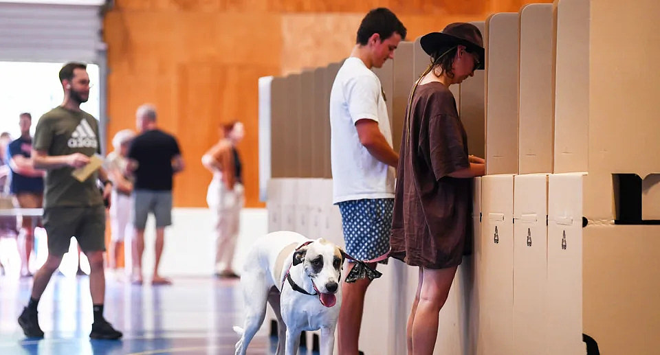 A man and woman vote with their dog voting in the Voice referendum.