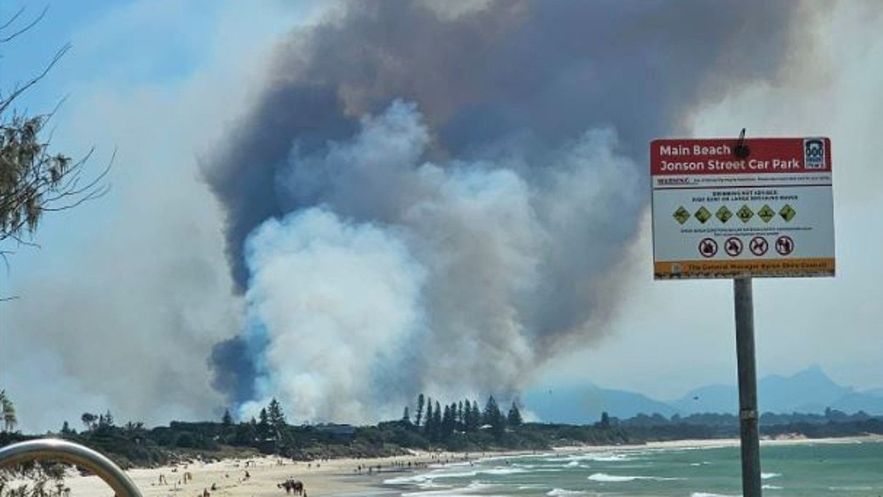 A bushfire has been burning beside Byron Bay’s iconic beaches for two days. Picture: Facebook