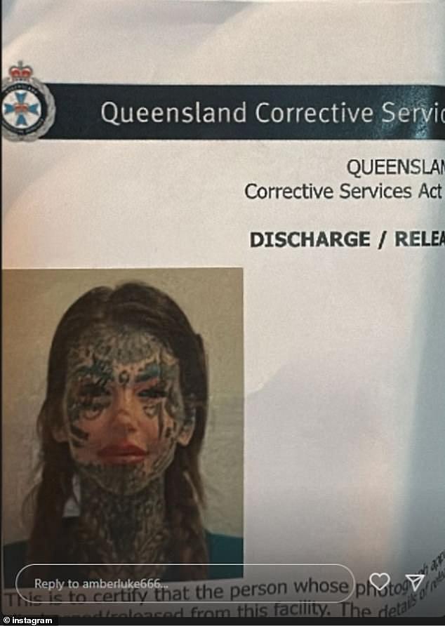 In a-now deleted Instagram post (pictured), OnlyFans star and former topless waitress Amber Luke, 28, posted a photo of what she said was her discharge certificate from Queensland Corrective Services