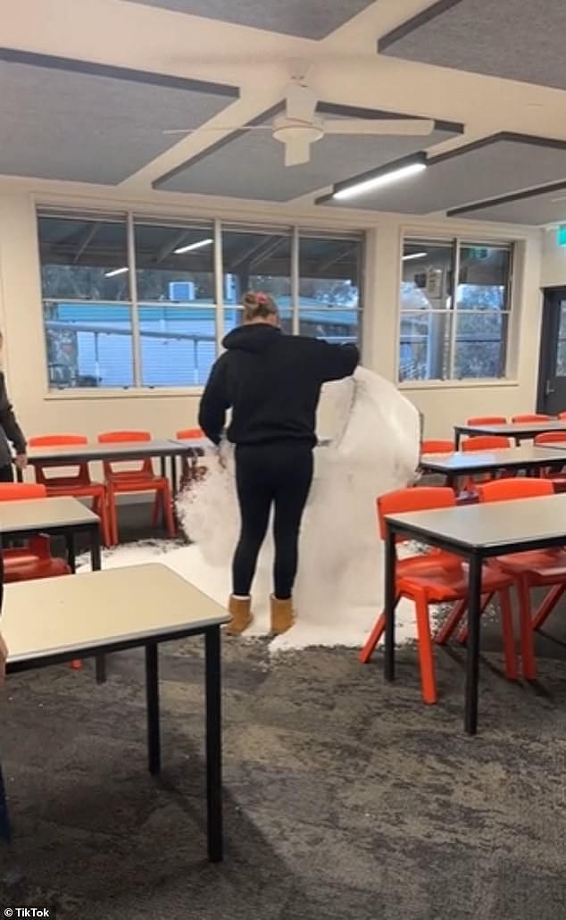 Year 12 students from around Victoria have shared hundreds of videos showing them trashing their schools (pictured, a muck-up video)