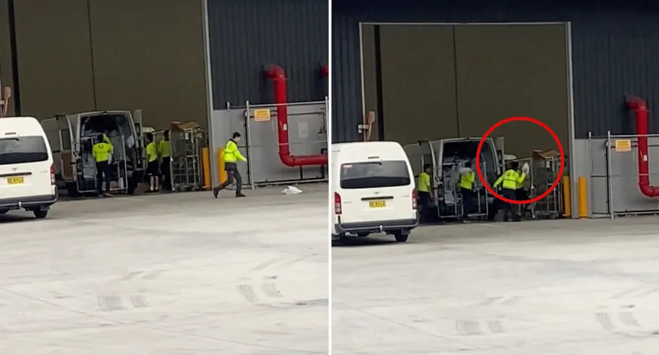 Australia Post workers flinging parcels into van.