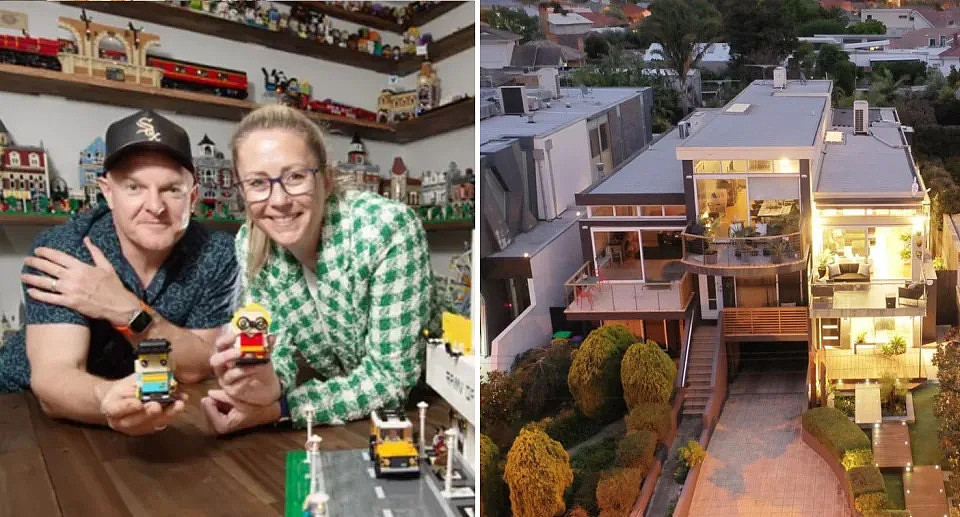 Left, Chris and Daniel smile while holding up Lego figures. Right, the Melbourne property can be seen by an aerial shot.  