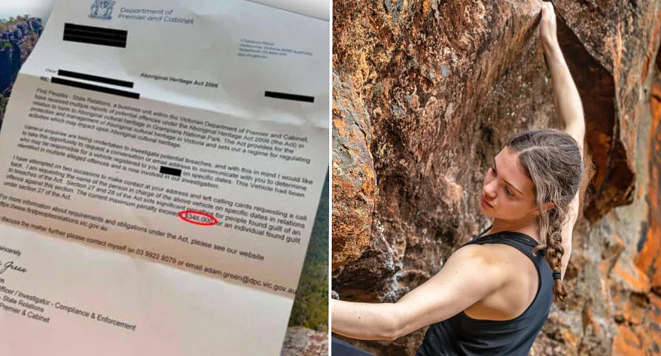 Image on left is of letter sent to unnamed climber. Image on right is a person rock climbing on a cliff face. 