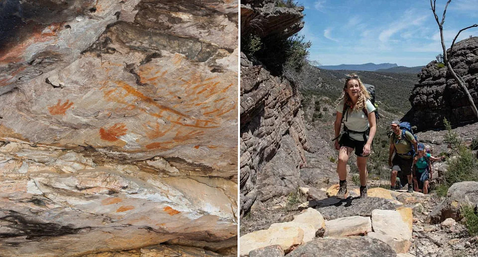 Image on left is of indigenous art in the Grampians. Image on right is hikers walking through the Grampian National Park.