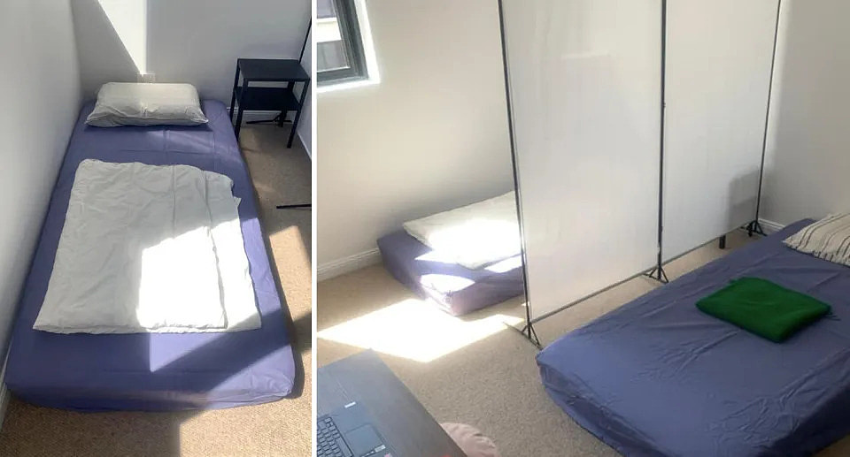 Left, pictures from the 'greedy' rental show a mattress on the floor (left) and two mattresses in the one image separated by a divider (right). 