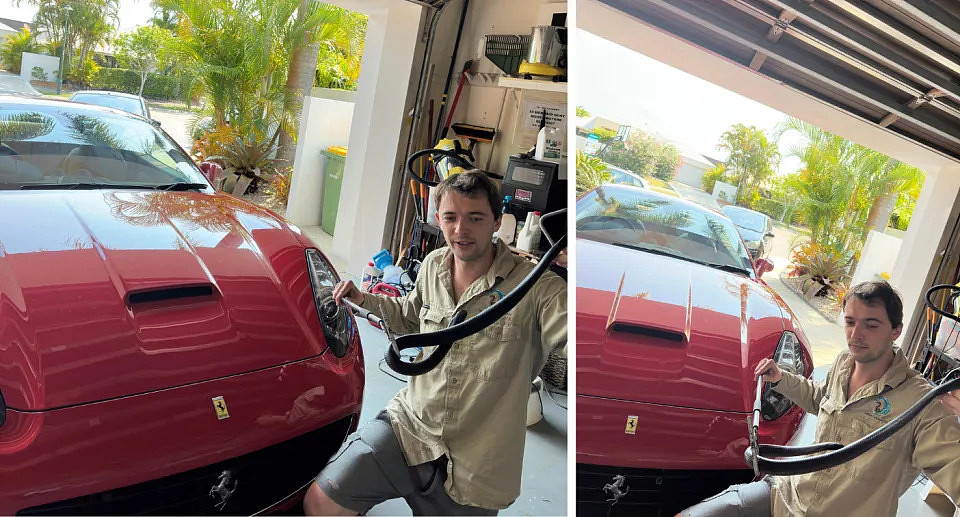 Luke holding the red belly in front of the Ferrari(left) and from a different angle (right).