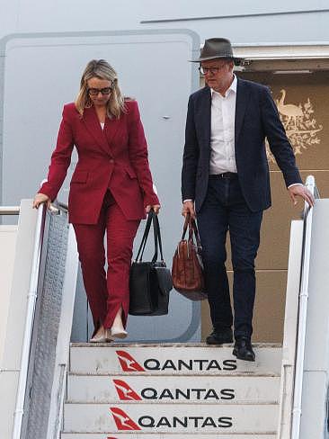 Prime Minister Anthony Albanese returned to Australia on Saturday morning with partner Jodie Haydon following their trip to the United States. Picture: NCA NewsWire / David Swift