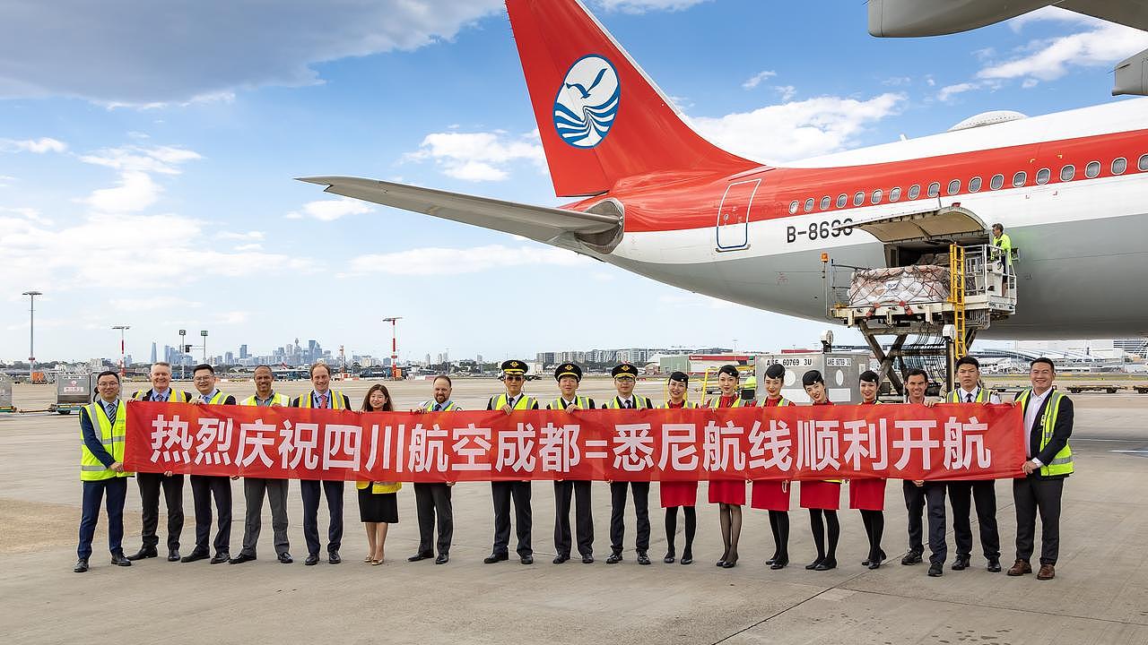 Sichuan Airlines returns to Sydney for the first time since the pandemic, becoming the eighth Chinese carrier operating between the NSW capital and mainland China. Picture: Kurt Ams