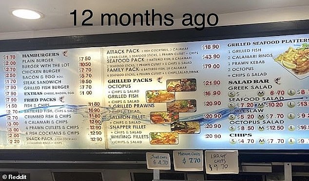 These two photo of the takeaway's board menu show the astonishing surge in prices in just a 10-month period this year