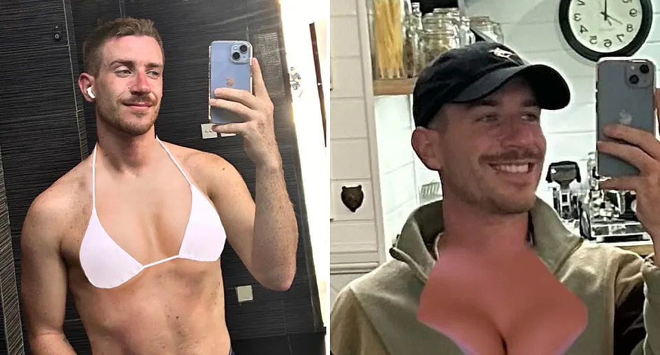 Left, Johnston takes a mirror selfie with breasts superimposed onto his chest, a  tactic to secure a rental. Right, another image of Johnston with photoshopped breasts, 
