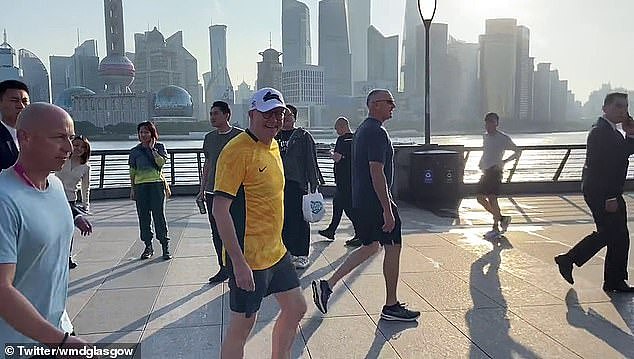 Anthony Albanese (pictured) donned a green and gold Matilda's jersey and a cap from his beloved South Sydney Rabbitoh's while strolling around The Bund waterfront district in downtown Shanghai on Sunday morning