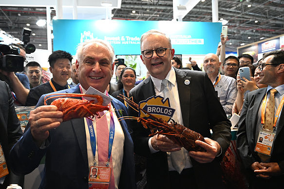 贸易部长唐·法雷尔和总理安东尼·艾博内斯参观上海中国国际进口博览会的澳大利亚展位。