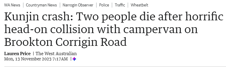 两人死亡，两人受伤！西澳发生惨烈车祸，私家车与露营车相撞（图） - 1