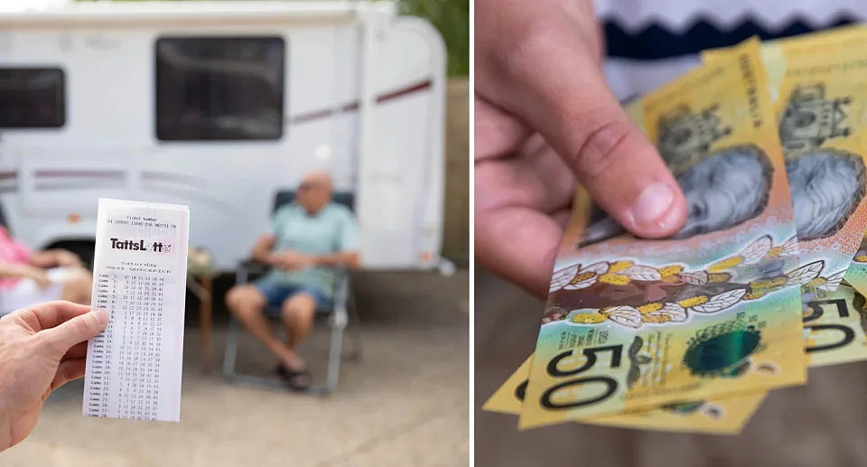 Left, the winning lottery ticket for TattsLotto is held up in front of a man sitting beside a campervan. Right, $50 notes are held. 