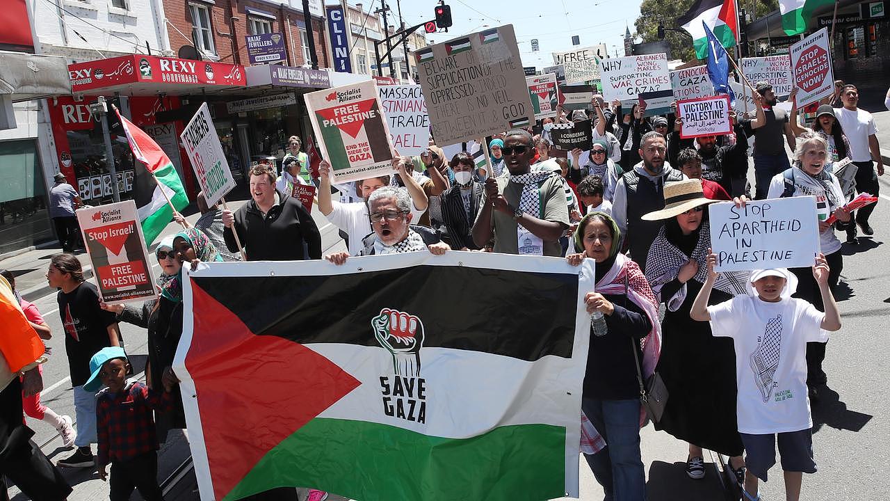 Up to 300 people march to federal MP Peter Khalil’s office demanding he call for a ceasefire in the Israel Palestine conflict. Picture: NCA NewsWire / David Crosling
