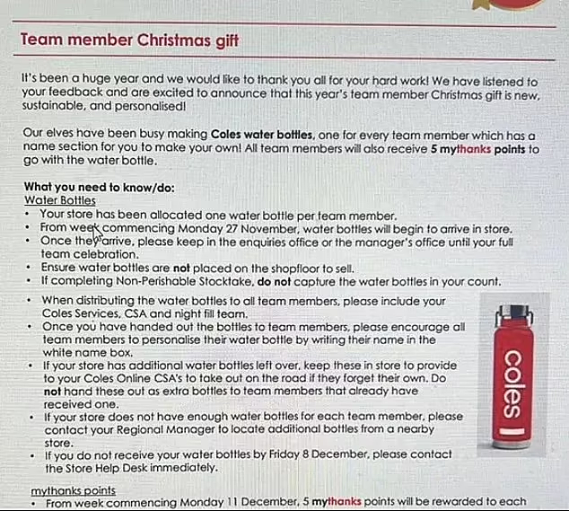 1个水瓶和5个积分...Coles圣诞礼物被批“太逊”！员工：利润创新高，却只给这些（组图） - 3