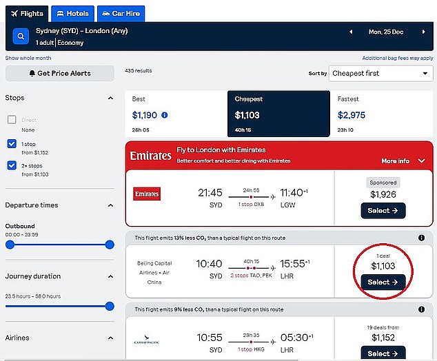 One-way flights departing from Sydney to London on Christmas day start at $1049 with Beijing Capital Airlines or $1152 with Cathay Pacific. Skyscanner's 'Explore Everywhere' search function can help find the cheapest flights