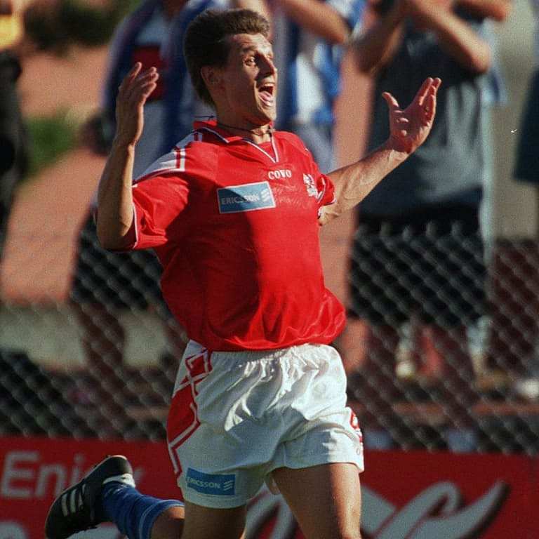 Player Ivan Kelic celebrating goal.Soccer - Melbourne Knights vs Perth Glory National Soccer League match 10 Jan 1999.
