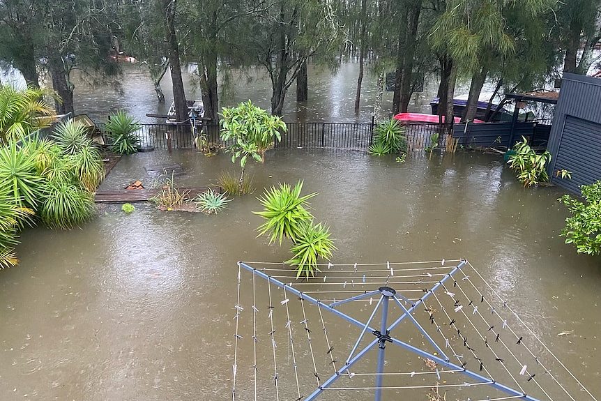 A flooded backyard in a regional town.