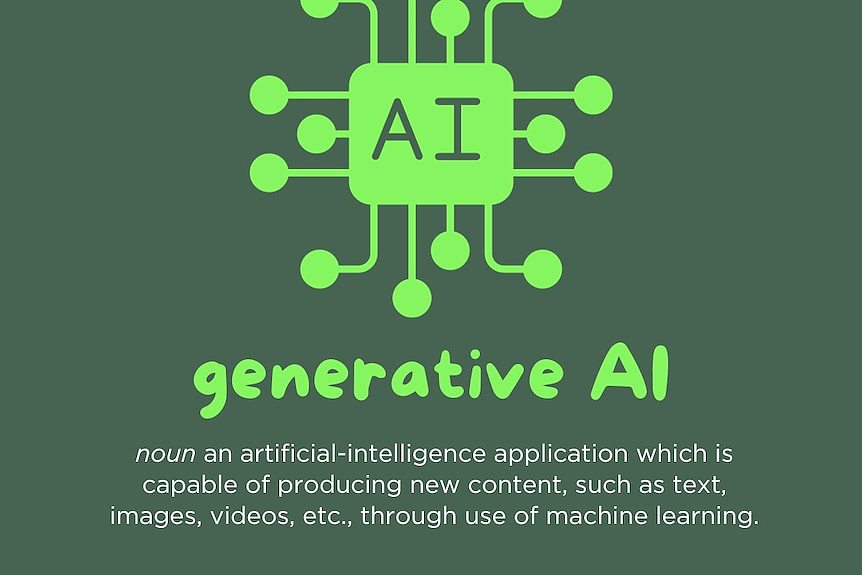 An image that defines the term generative AI with green writing and a tech type symbol