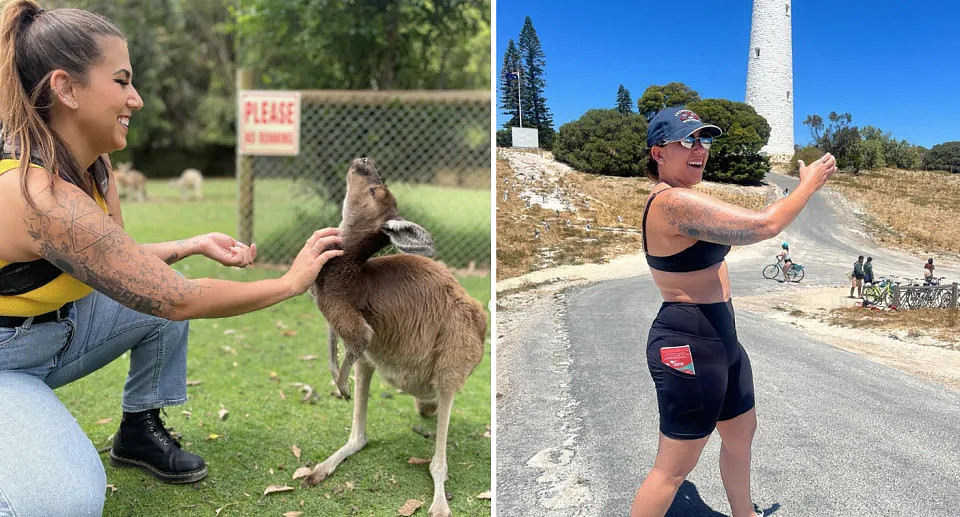 Lo Swo with a kangaroo (left) and on Rottnest Island gesturing in front of a lighthouse (right)