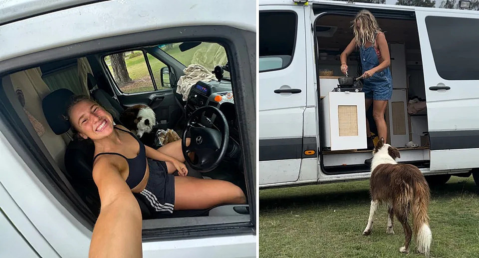 Left, Alice and her dog Ziggy inside her 'house on wheels' and (right) she cooks for herself with the van door open. 