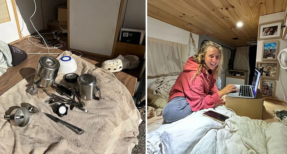 Left, cutlery drying on her kitchen top beside a shoe and wires. Right, Alice smiles on her bed while on her phone, showing how small the space is.