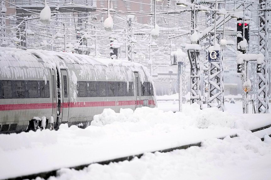 A train and its lines are covered in snow 